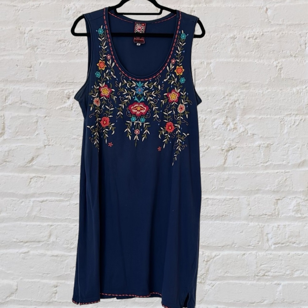 Johnny Was Navy Floral Embroidered Mini Dress